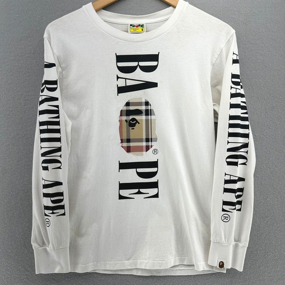 A Bathing Ape BAPE Check Logo ABA Plaid Tee White Long Sleeve S Bapesta Street - Picture 1 of 10